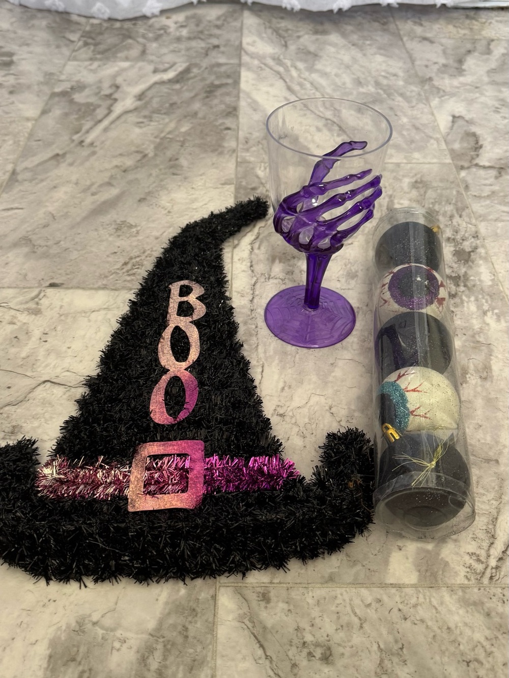 Halloween Witch Hat, Purple Skeleton Goblet and eyeball ornaments